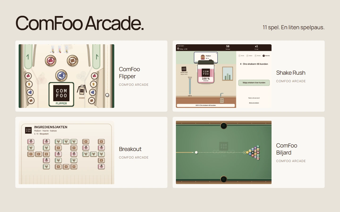ComFoo Arcade med Flipper, Shake Rush, Breakout och Biljard