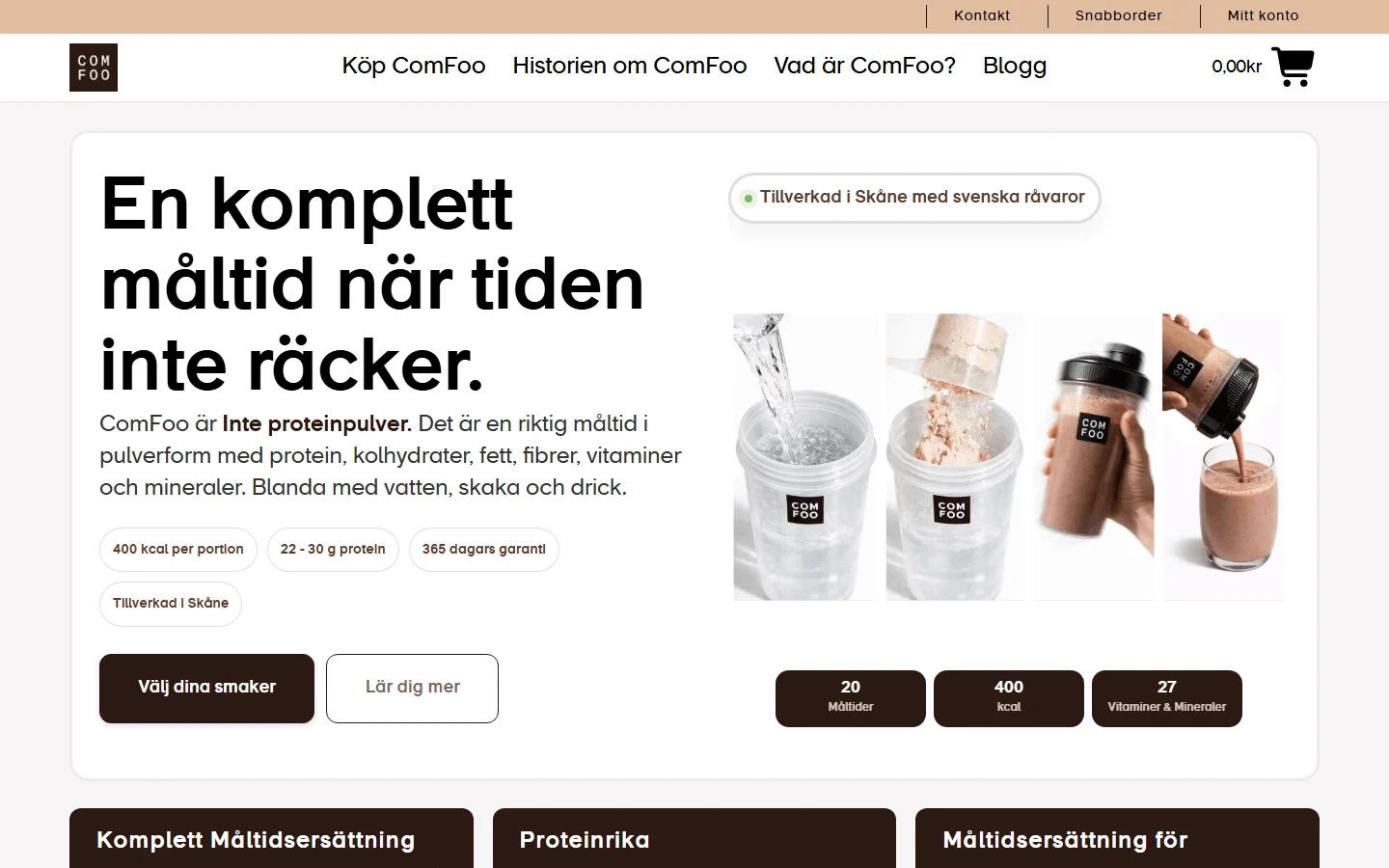 ComFoo: en webbutik för måltider, med tydliga produkter och smakval