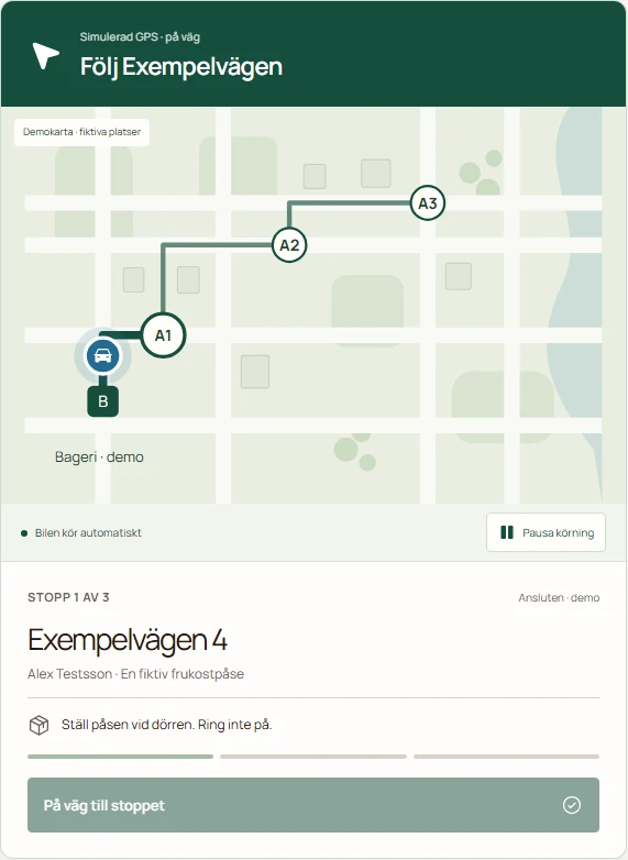 Nybakats gröna förarvy med en fiktiv rutt, simulerad GPS och nästa leverans.